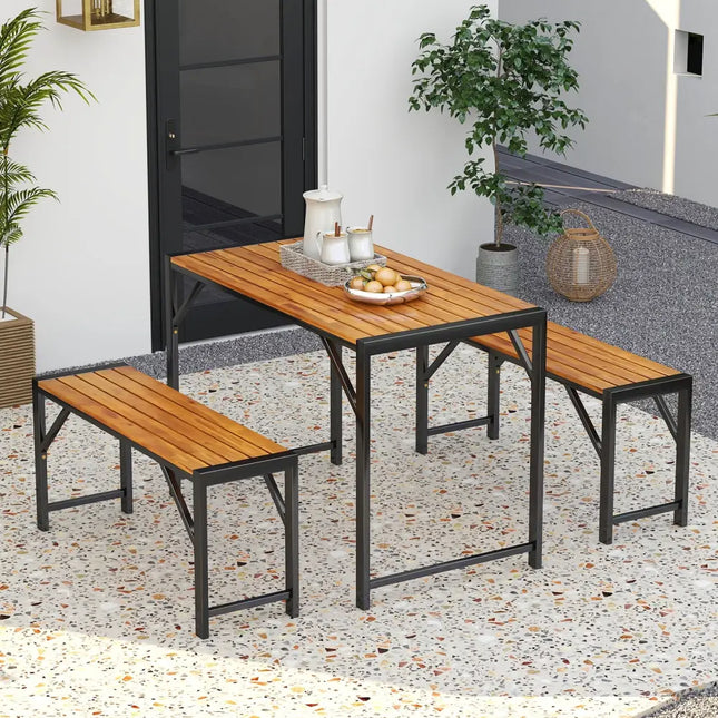 3 Pieces Patio Dining Set with Picnic Table and 2 Benches for 4 People - Natural - Patio Dining Sets