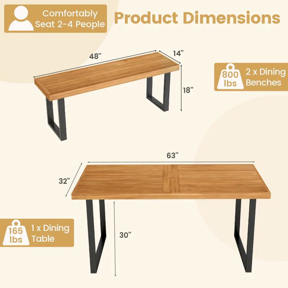 3 Pieces Patio Dining Table Set 63€ Rectangle Table and 2 Backless Bench - Patio Dining Sets