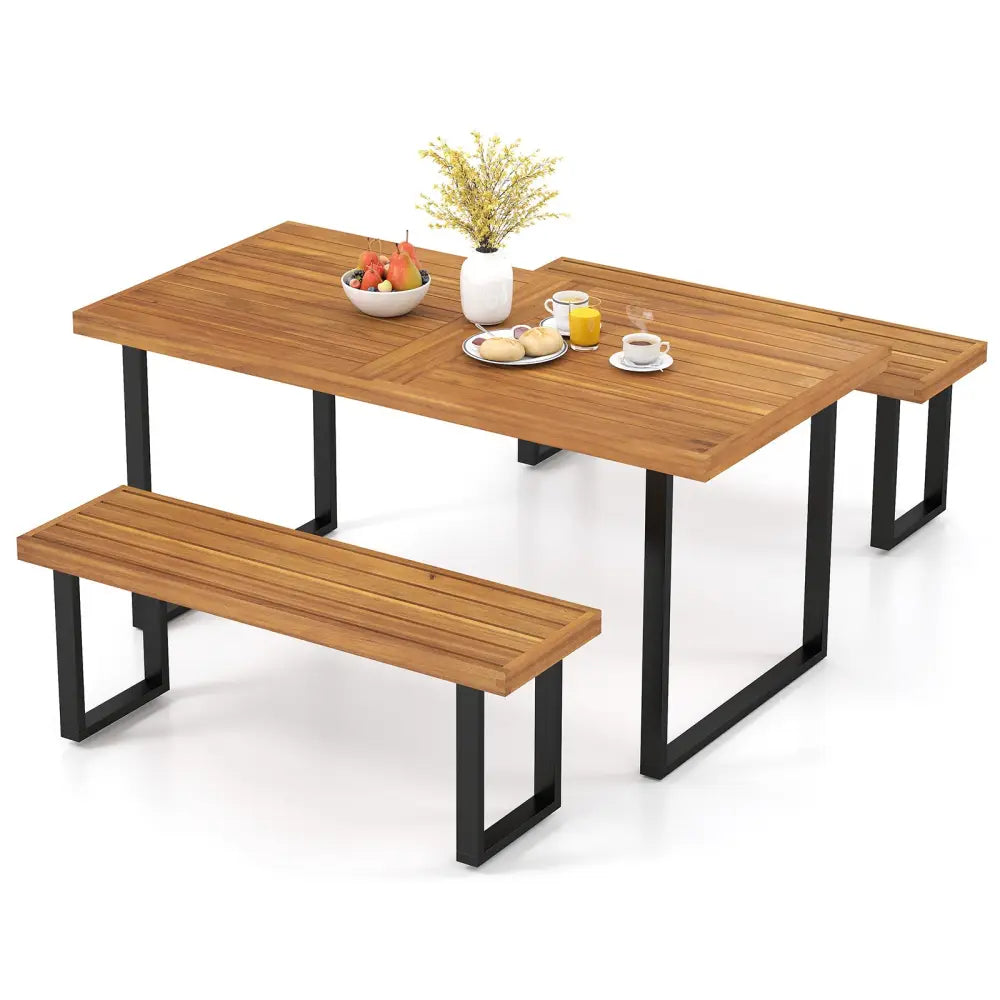 3 Pieces Patio Dining Table Set 63€ Rectangle Table and 2 Backless Bench - Patio Dining Sets