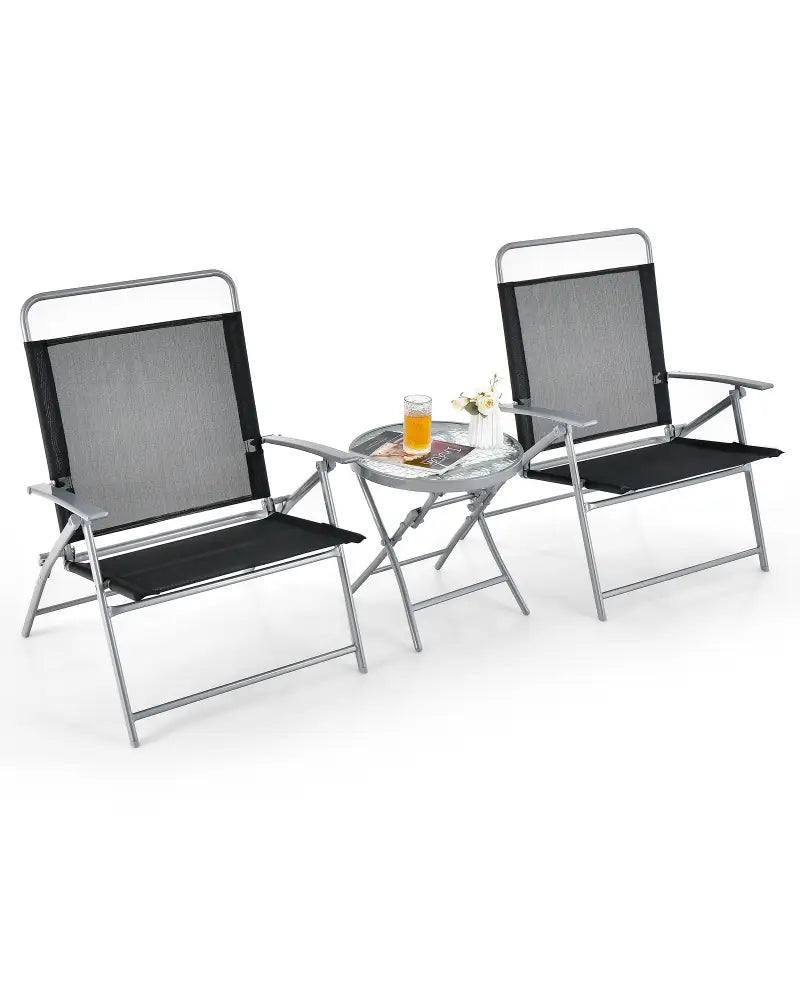 3 Pieces Patio Folding Chair Set Outdoor Metal Conversation Set - Black - Patio Furniture Sets