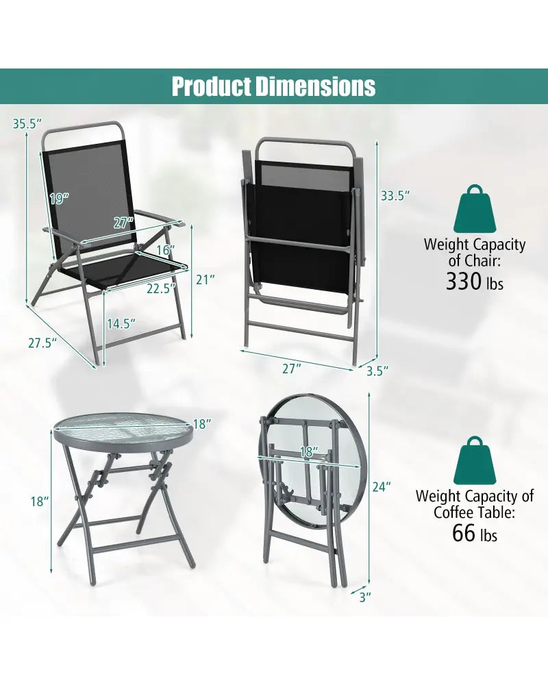 3 Pieces Patio Folding Chair Set Outdoor Metal Conversation Set - Black - Patio Furniture Sets