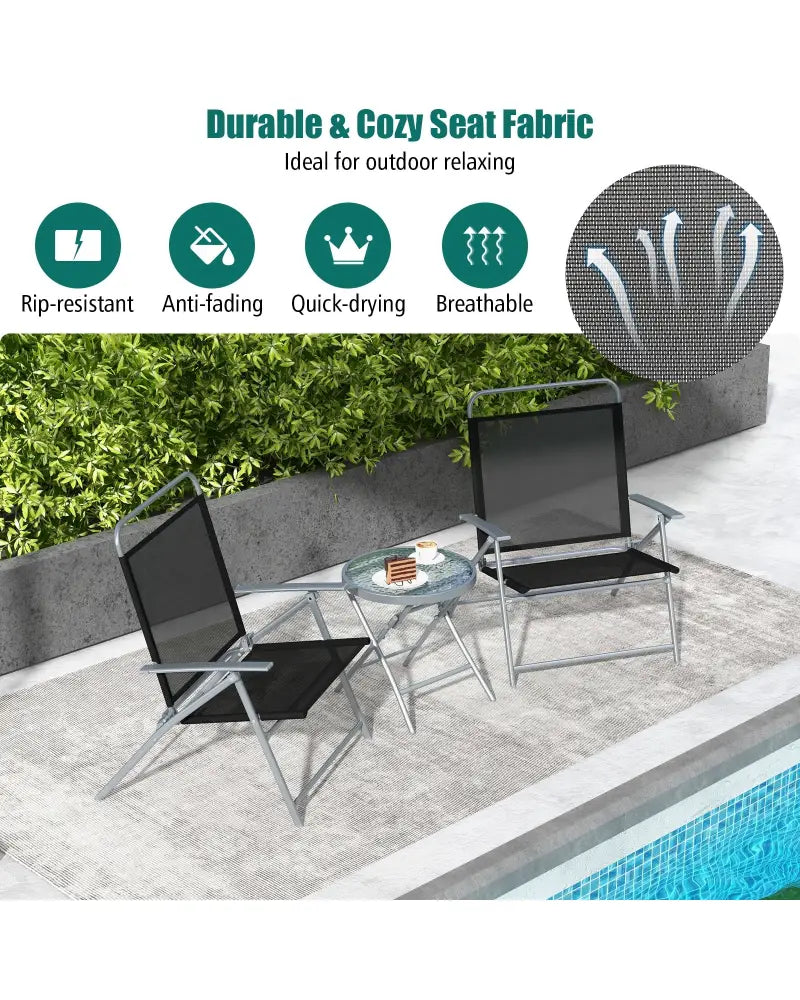 3 Pieces Patio Folding Chair Set Outdoor Metal Conversation Set - Black - Patio Furniture Sets