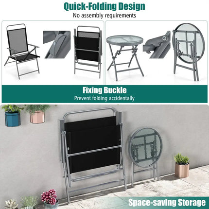 3 Pieces Patio Folding Chair Set Outdoor Metal Conversation Set - Black - Patio Furniture Sets