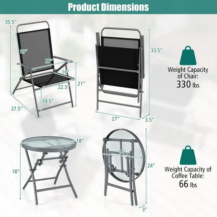3 Pieces Patio Folding Chair Set Outdoor Metal Conversation Set - Black - Patio Furniture Sets