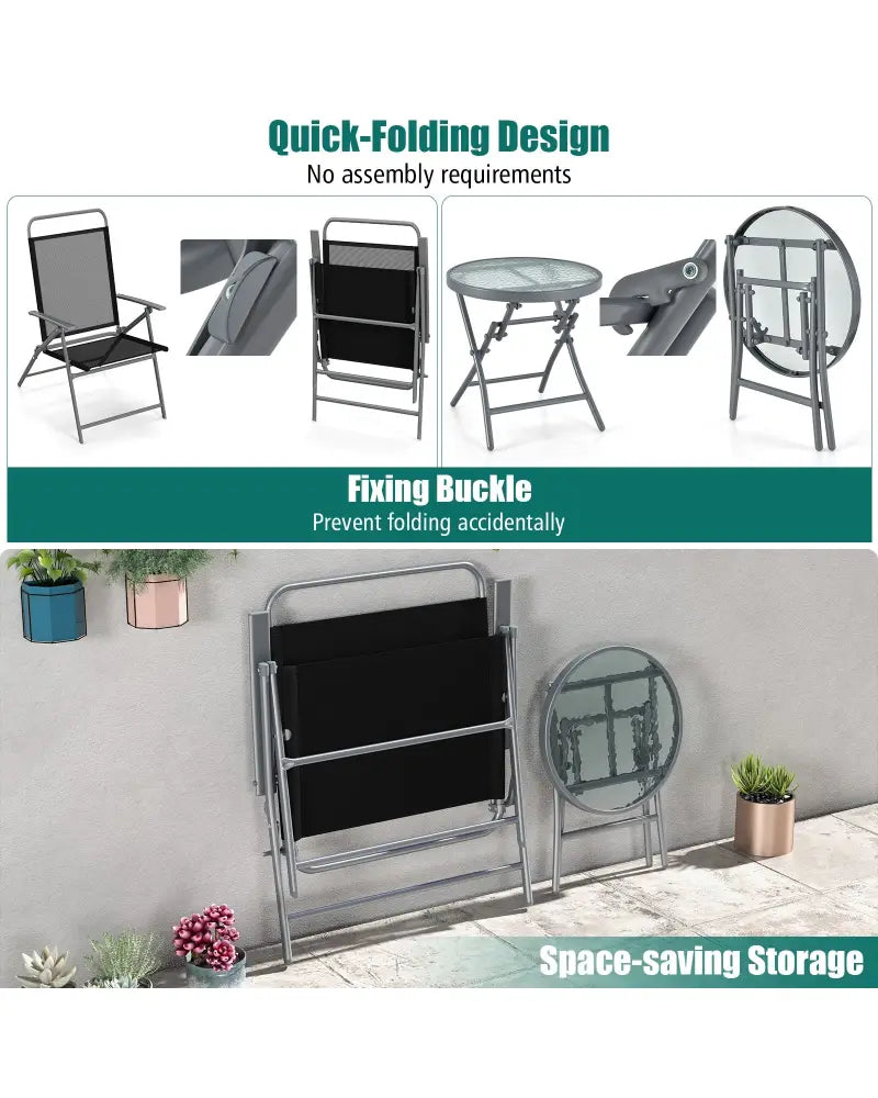 3 Pieces Patio Folding Chair Set Outdoor Metal Conversation Set - Black - Patio Furniture Sets
