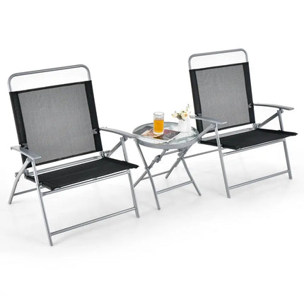 3 Pieces Patio Folding Chair Set Outdoor Metal Conversation Set - Black - Patio Furniture Sets