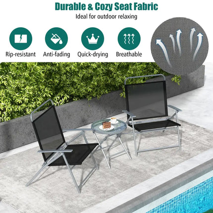3 Pieces Patio Folding Chair Set Outdoor Metal Conversation Set - Black - Patio Furniture Sets