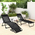 3 Pieces Patio Folding Chaise Lounge Set with PVC Tabletop-Black - Black - Patio Conversation Sets