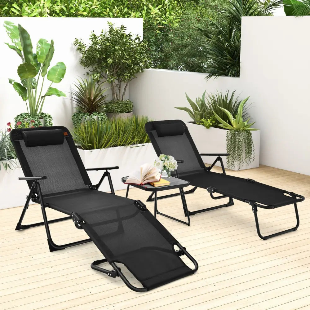 3 Pieces Patio Folding Chaise Lounge Set with PVC Tabletop-Black - Black - Patio Conversation Sets