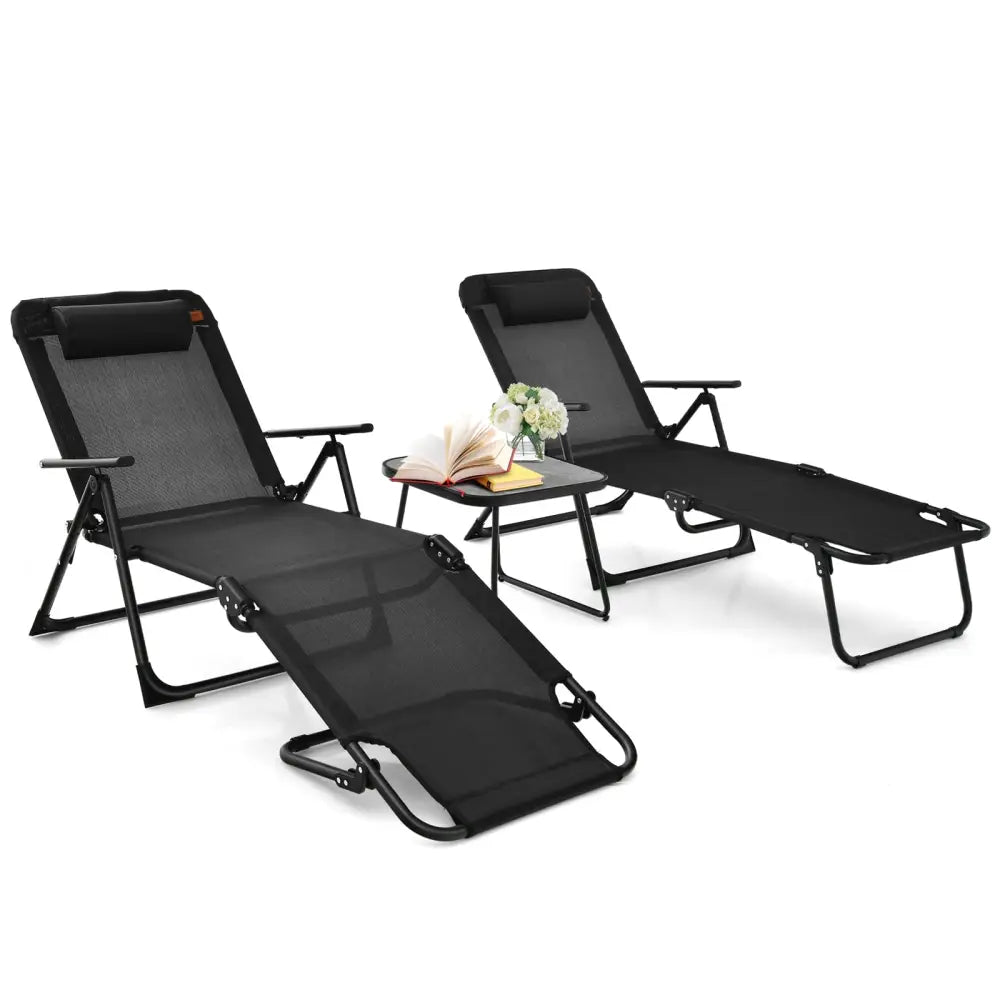 3 Pieces Patio Folding Chaise Lounge Set with PVC Tabletop-Black - Black - Patio Conversation Sets