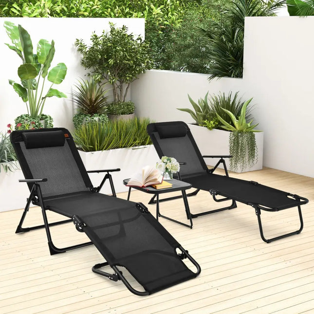 3 Pieces Patio Folding Chaise Lounge Set with PVC Tabletop-Black - Black - Patio Conversation Sets