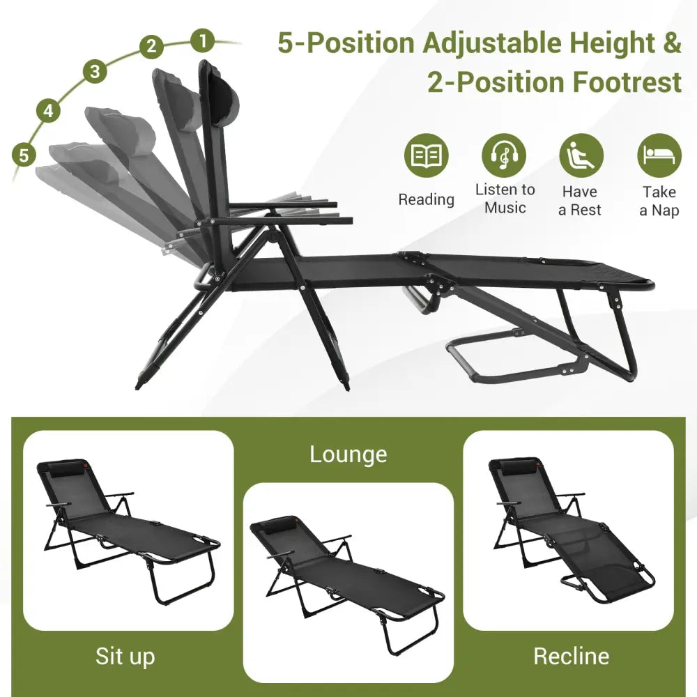 3 Pieces Patio Folding Chaise Lounge Set with PVC Tabletop-Black - Black - Patio Conversation Sets