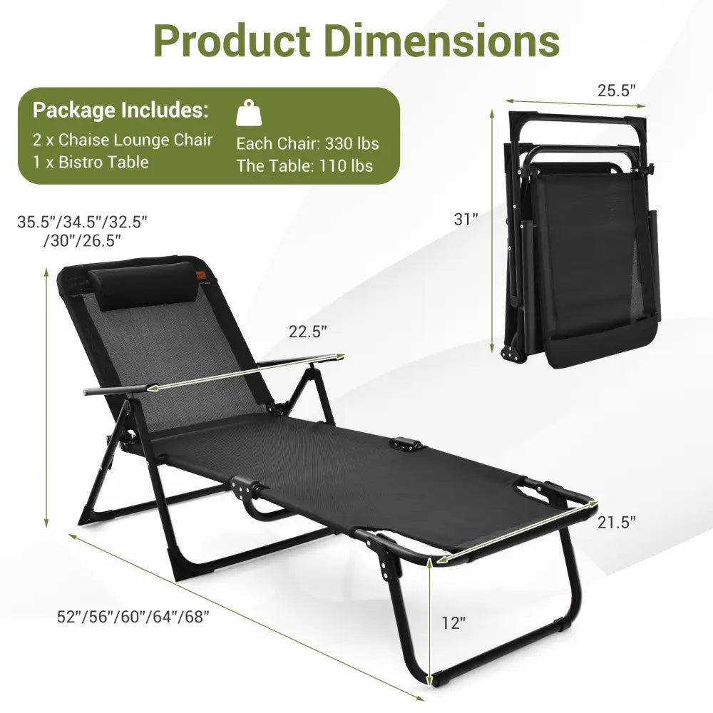 3 Pieces Patio Folding Chaise Lounge Set with PVC Tabletop-Black - Black - Patio Conversation Sets