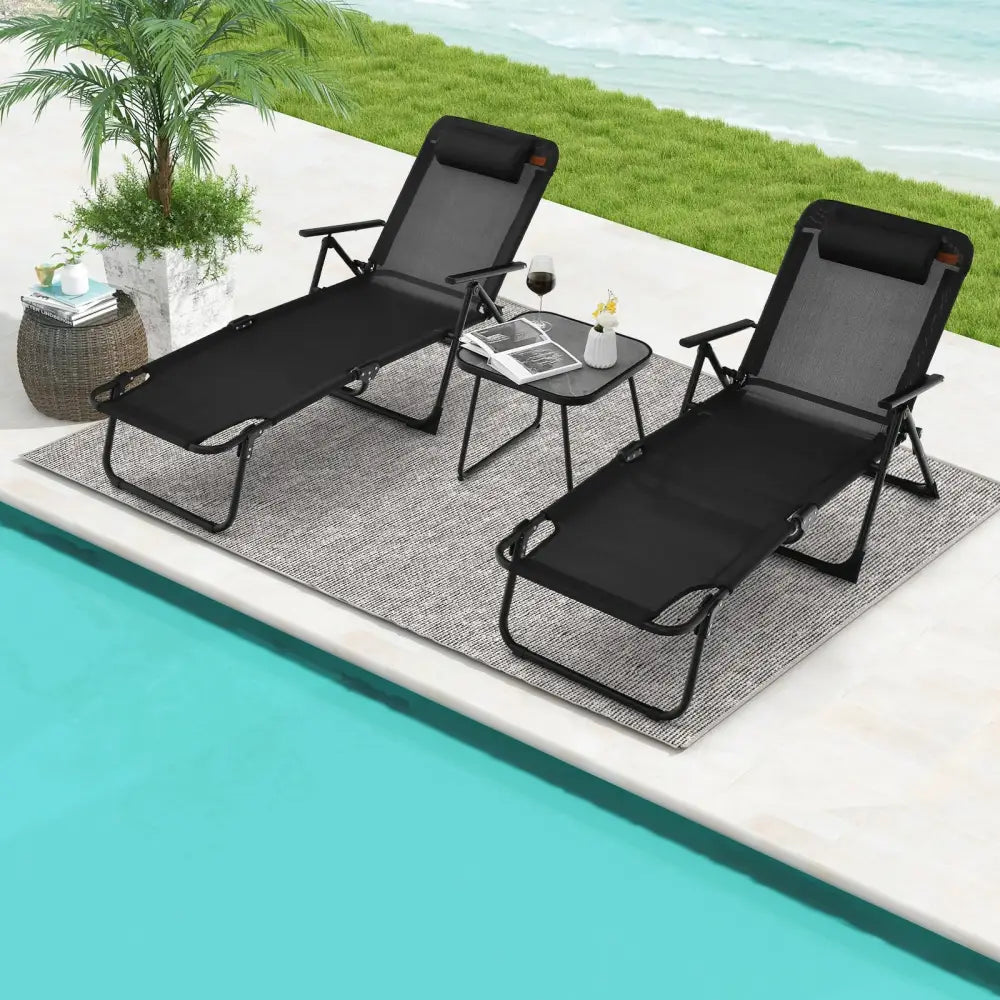 3 Pieces Patio Folding Chaise Lounge Set with PVC Tabletop-Black - Black - Patio Conversation Sets