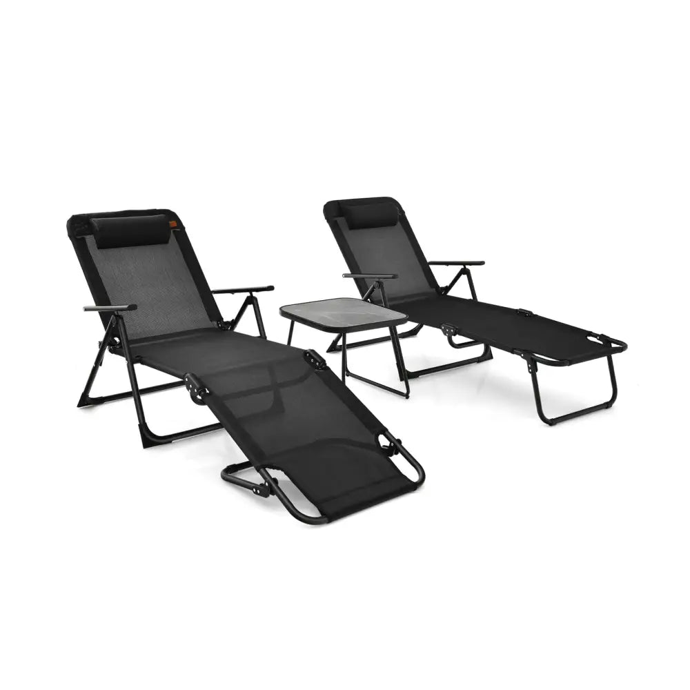 3 Pieces Patio Folding Chaise Lounge Set with PVC Tabletop-Black - Black - Patio Conversation Sets