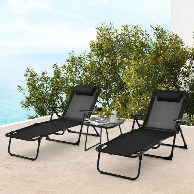 3 Pieces Patio Folding Chaise Lounge Set with PVC Tabletop-Black - Black - Patio Conversation Sets