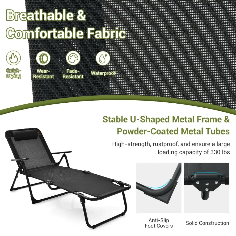 3 Pieces Patio Folding Chaise Lounge Set with PVC Tabletop-Black - Black - Patio Conversation Sets
