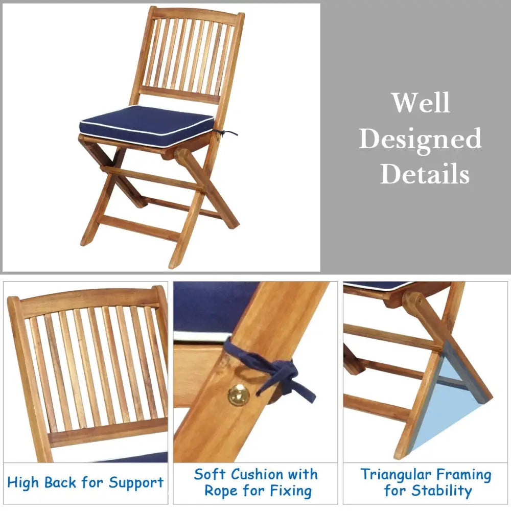 3 Pieces Patio Folding Wooden Bistro Set Cushioned Chair-Navy - Navy - Patio Conversation Sets