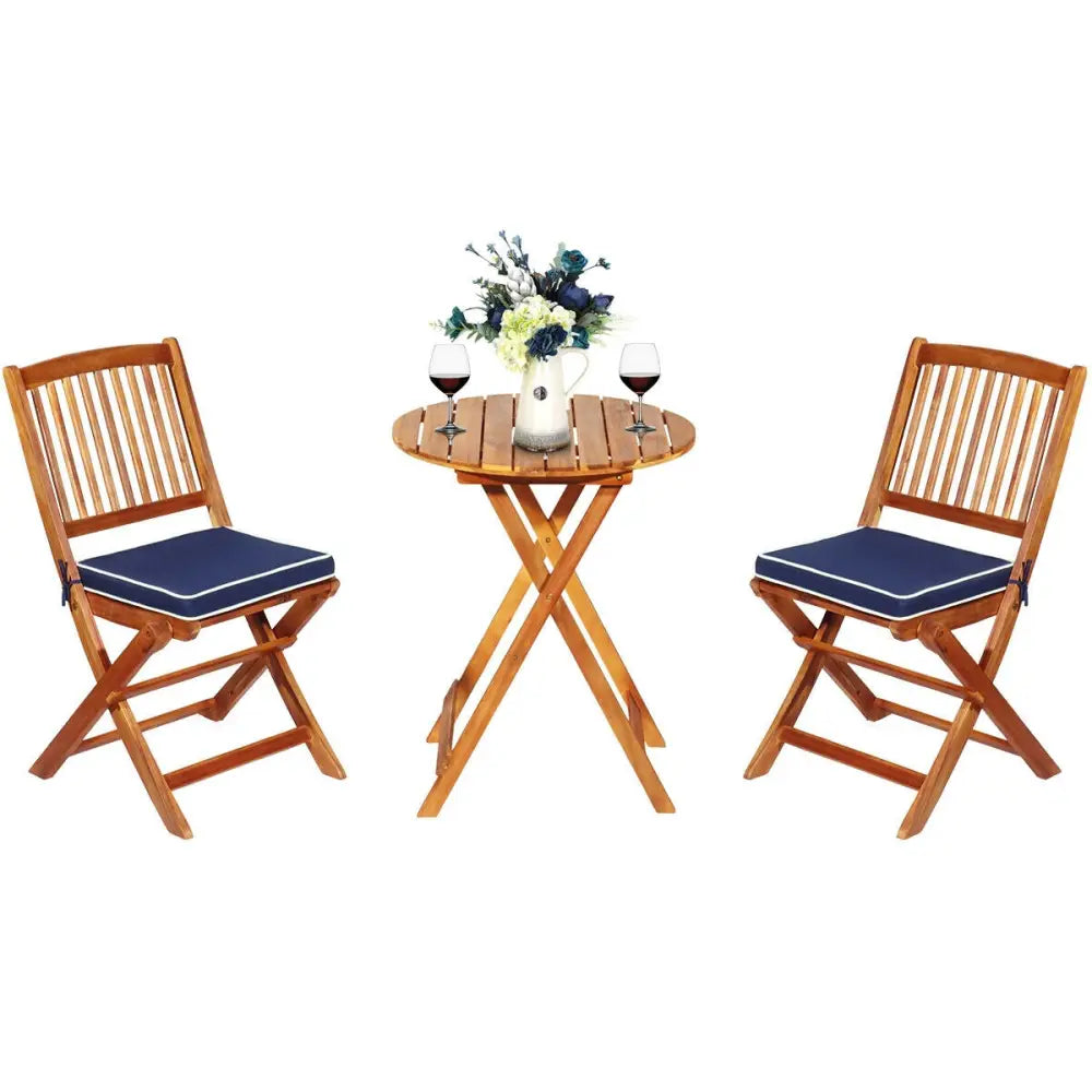 3 Pieces Patio Folding Wooden Bistro Set Cushioned Chair-Navy - Navy - Patio Conversation Sets