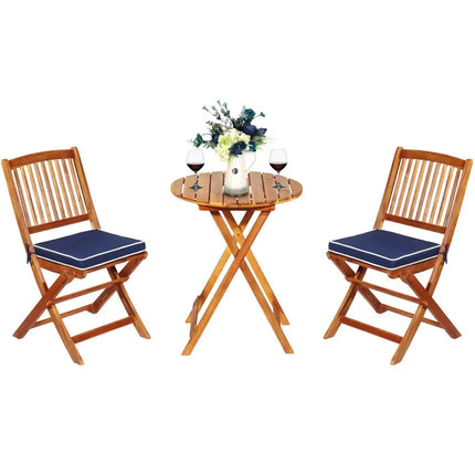 3 Pieces Patio Folding Wooden Bistro Set Cushioned Chair-Navy - Navy - Patio Conversation Sets