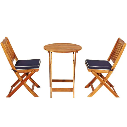 3 Pieces Patio Folding Wooden Bistro Set Cushioned Chair-Navy - Navy - Patio Conversation Sets