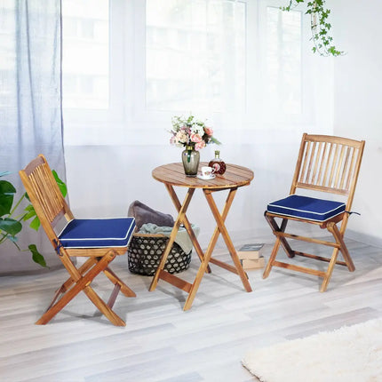 3 Pieces Patio Folding Wooden Bistro Set Cushioned Chair-Navy - Navy - Patio Conversation Sets