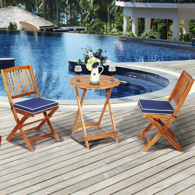 3 Pieces Patio Folding Wooden Bistro Set Cushioned Chair-Navy - Navy - Patio Conversation Sets