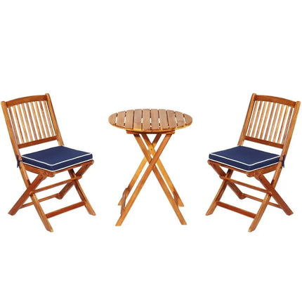 3 Pieces Patio Folding Wooden Bistro Set Cushioned Chair-Navy - Navy - Patio Conversation Sets