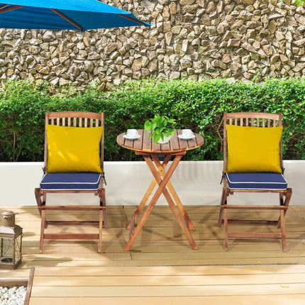 3 Pieces Patio Folding Wooden Bistro Set Cushioned Chair-Navy - Navy - Patio Conversation Sets
