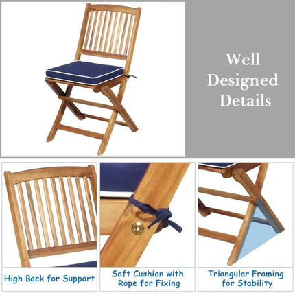 3 Pieces Patio Folding Wooden Bistro Set Cushioned Chair-Navy - Navy - Patio Conversation Sets