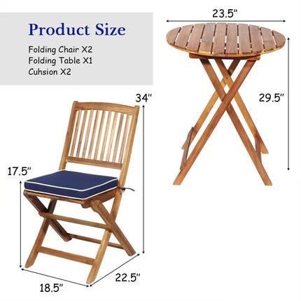 3 Pieces Patio Folding Wooden Bistro Set Cushioned Chair-Navy - Navy - Patio Conversation Sets