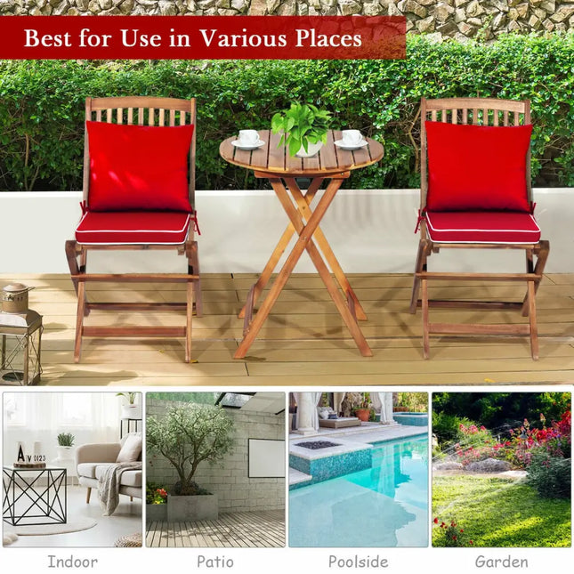 3 Pieces Patio Folding Wooden Bistro Set Cushioned Chair-Red - Red - Patio Conversation Sets