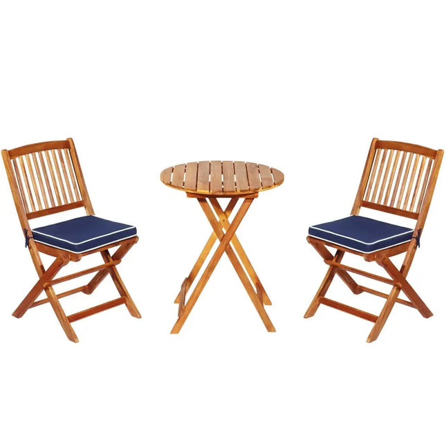 3 Pieces Patio Folding Wooden Bistro Set Cushioned ChairNavy - Oasis Home Essentials