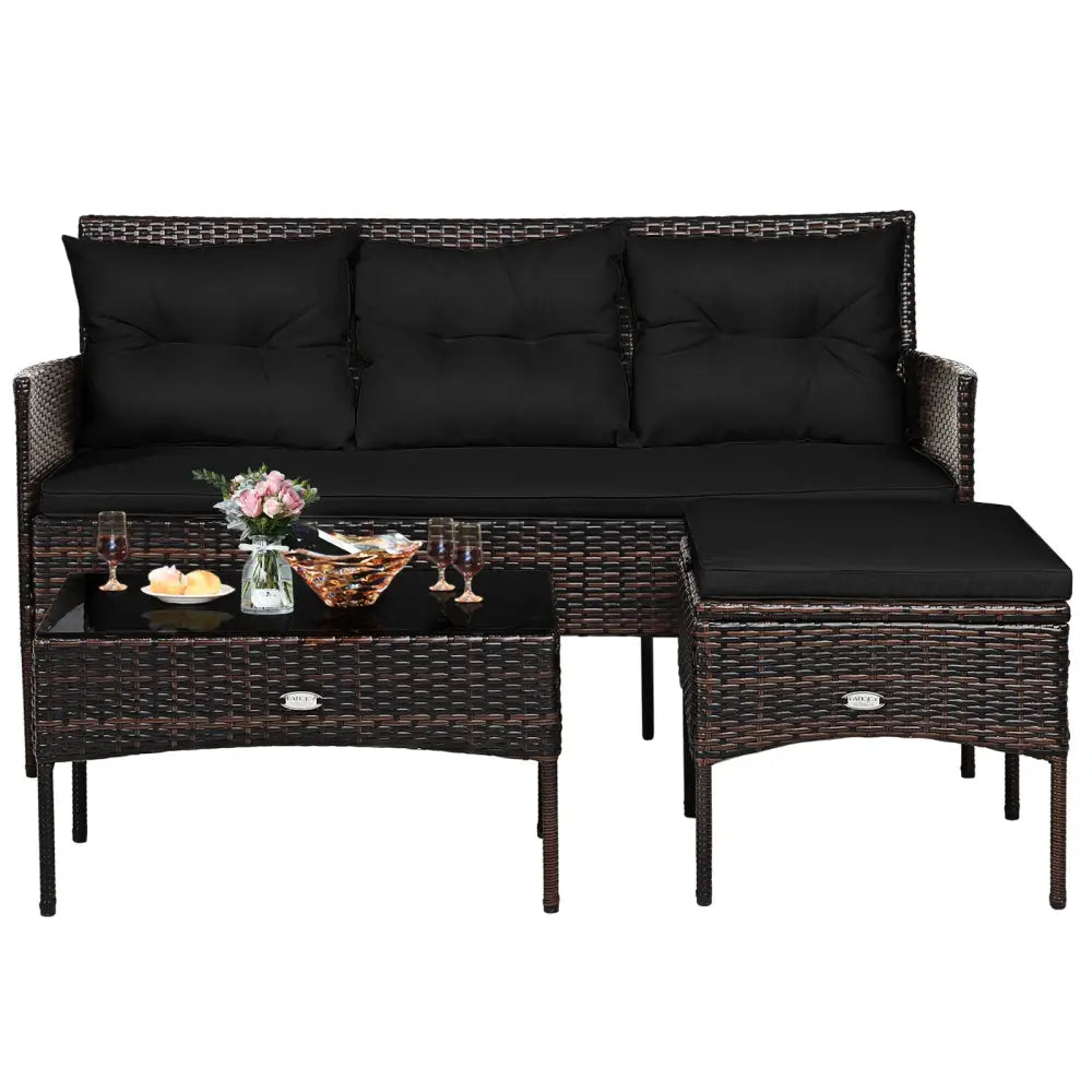 3 Pieces Patio Furniture Sectional Set with 5 Cozy Cushions-Black - Black - Patio Conversation Sets
