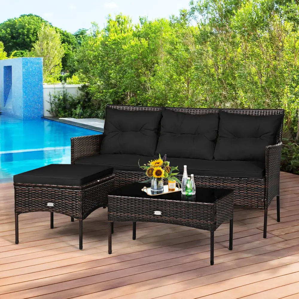 3 Pieces Patio Furniture Sectional Set with 5 Cozy Cushions-Black - Black - Patio Conversation Sets