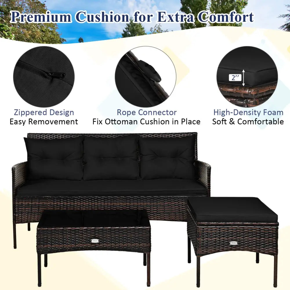 3 Pieces Patio Furniture Sectional Set with 5 Cozy Cushions-Black - Black - Patio Conversation Sets