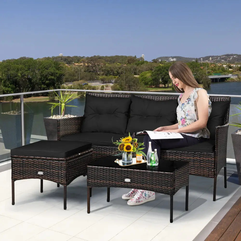 3 Pieces Patio Furniture Sectional Set with 5 Cozy Cushions-Black - Black - Patio Conversation Sets