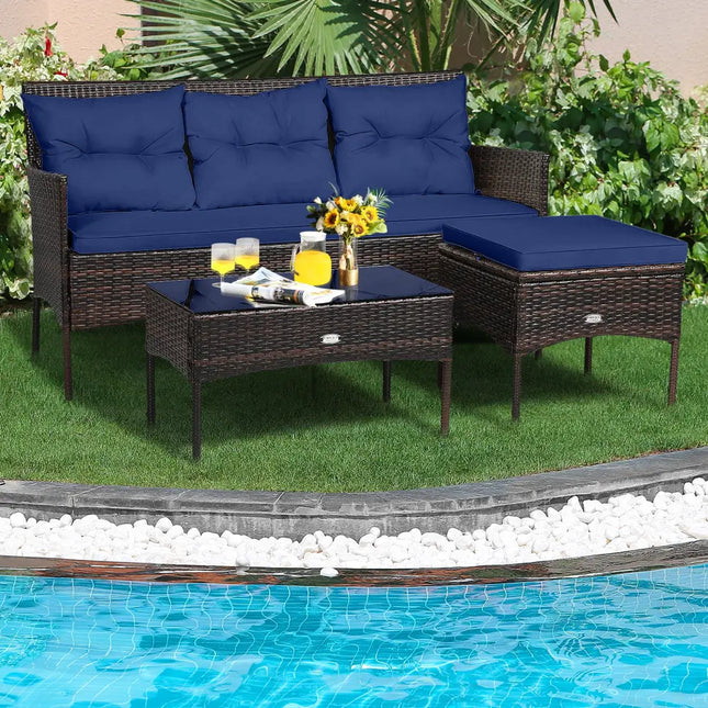 3 Pieces Patio Furniture Sectional Set with 5 Cozy Cushions-Navy - Navy - Patio Conversation Sets