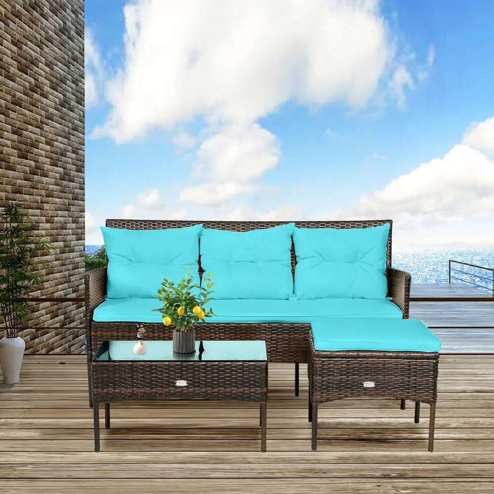 3 Pieces Patio Furniture Sectional Set with 5 Cozy Seat and Back Cushions-Turquoise - Turquoise - Patio Conversation
