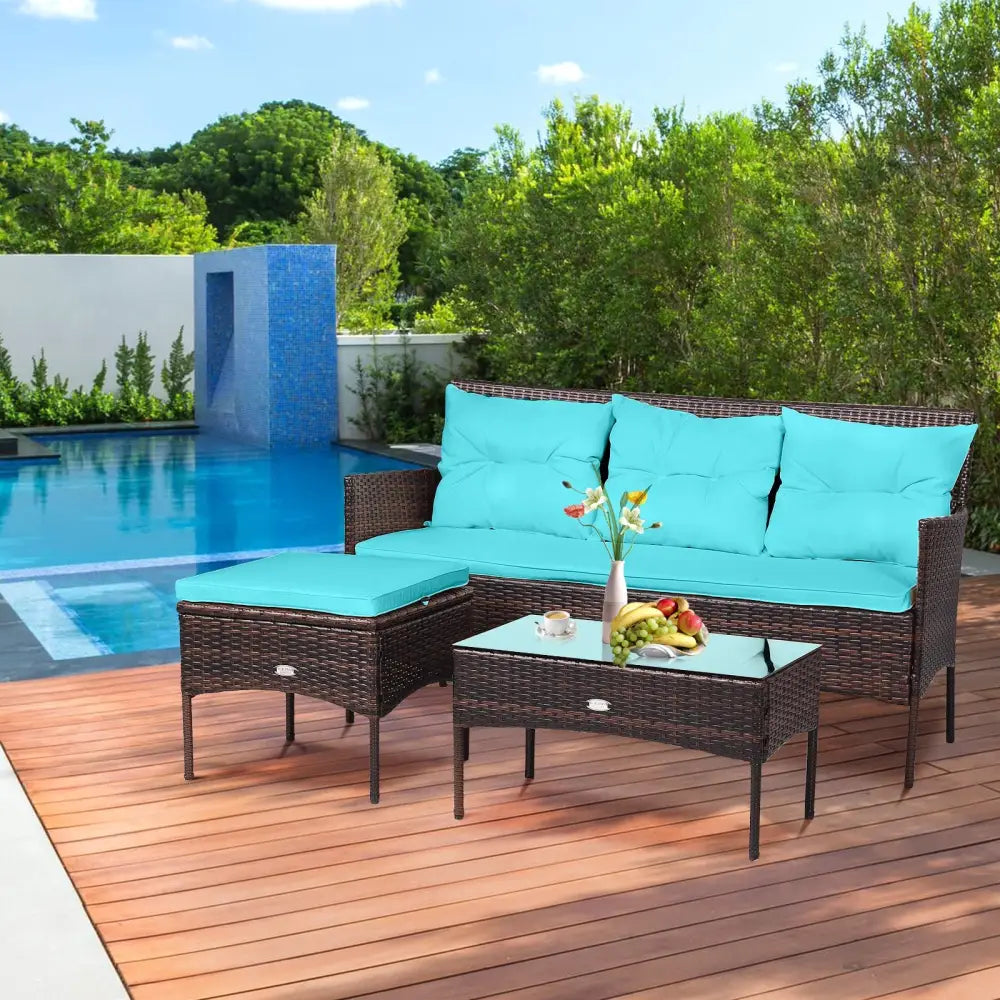 3 Pieces Patio Furniture Sectional Set with 5 Cozy Seat and Back Cushions-Turquoise - Turquoise - Patio Conversation