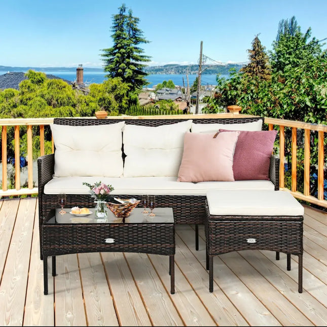 3 Pieces Patio Furniture Sectional Set with 5 Cozy Seat and Back Cushions-White - White - Patio Conversation Sets