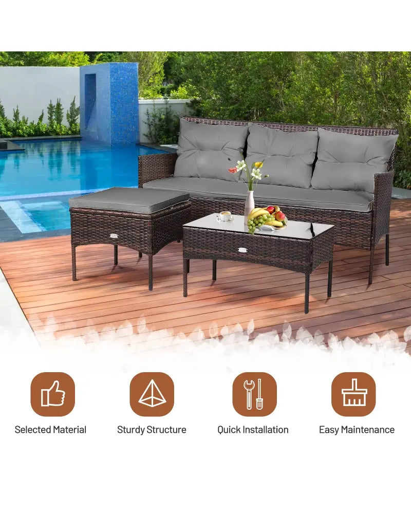 3 Pieces Patio Furniture Sectional Set with 5 Cozy Seat and Back Cushions-Gray - Gray - Patio Conversation Sets