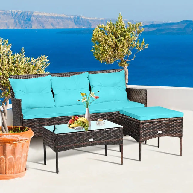 3 Pieces Patio Furniture Sectional Set with 5 Cozy Seat and Back Cushions-Turquoise - Turquoise - Patio Conversation