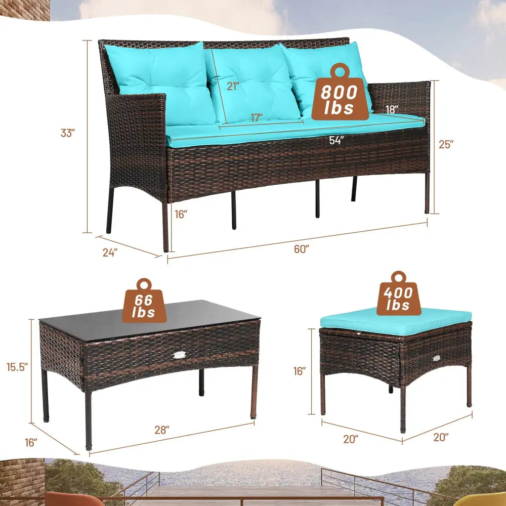 3 Pieces Patio Furniture Sectional Set with 5 Cozy Seat and Back Cushions-Turquoise - Turquoise - Patio Conversation