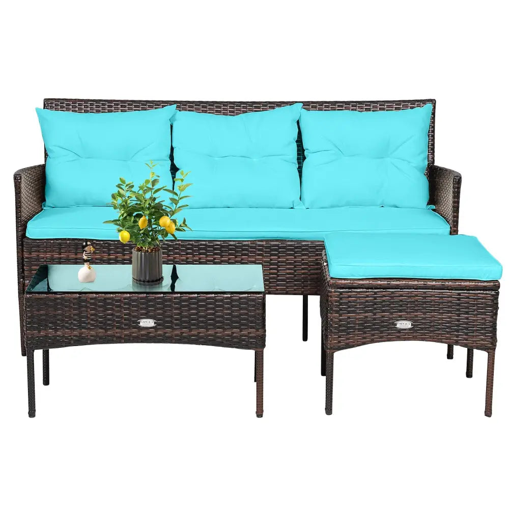 3 Pieces Patio Furniture Sectional Set with 5 Cozy Seat and Back Cushions-Turquoise - Turquoise - Patio Conversation