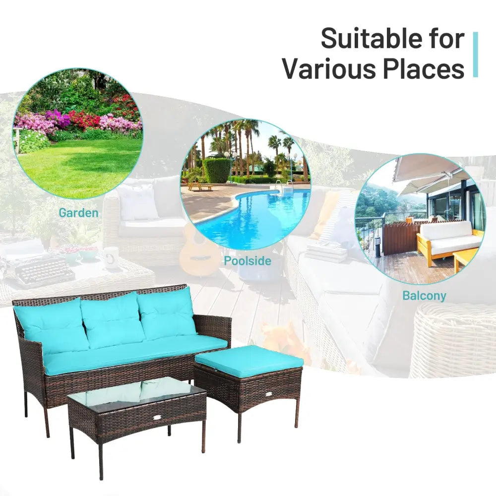 3 Pieces Patio Furniture Sectional Set with 5 Cozy Seat and Back Cushions-Turquoise - Turquoise - Patio Conversation