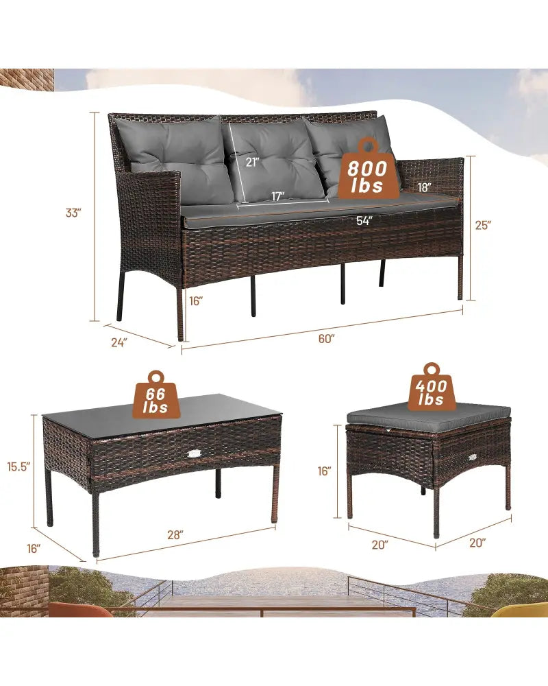 3 Pieces Patio Furniture Sectional Set with 5 Cozy Seat and Back Cushions-Gray - Gray - Patio Conversation Sets