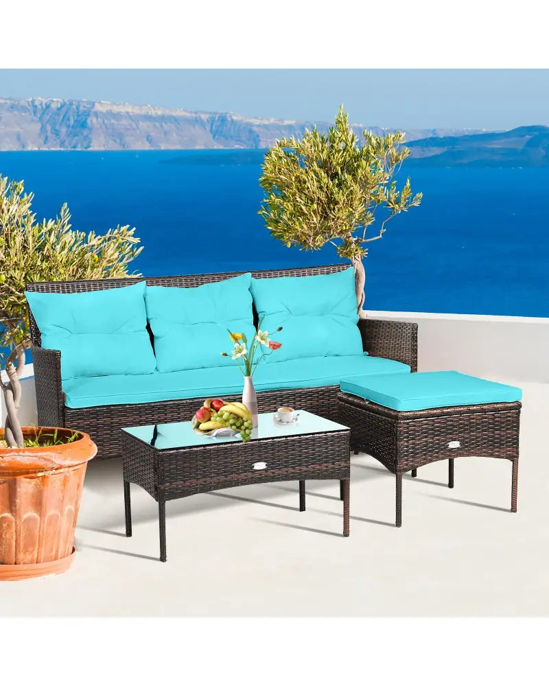 3 Pieces Patio Furniture Sectional Set with 5 Cozy Seat and Back Cushions-Turquoise - Turquoise - Patio Conversation