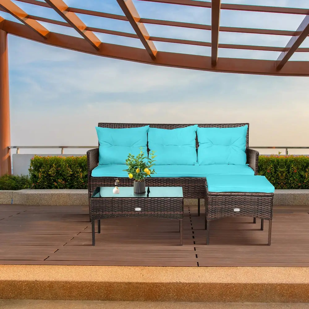 3 Pieces Patio Furniture Sectional Set with 5 Cozy Seat and Back Cushions-Turquoise - Turquoise - Patio Conversation