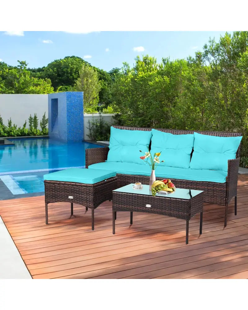 3 Pieces Patio Furniture Sectional Set with 5 Cozy Seat and Back Cushions-Turquoise - Turquoise - Patio Conversation